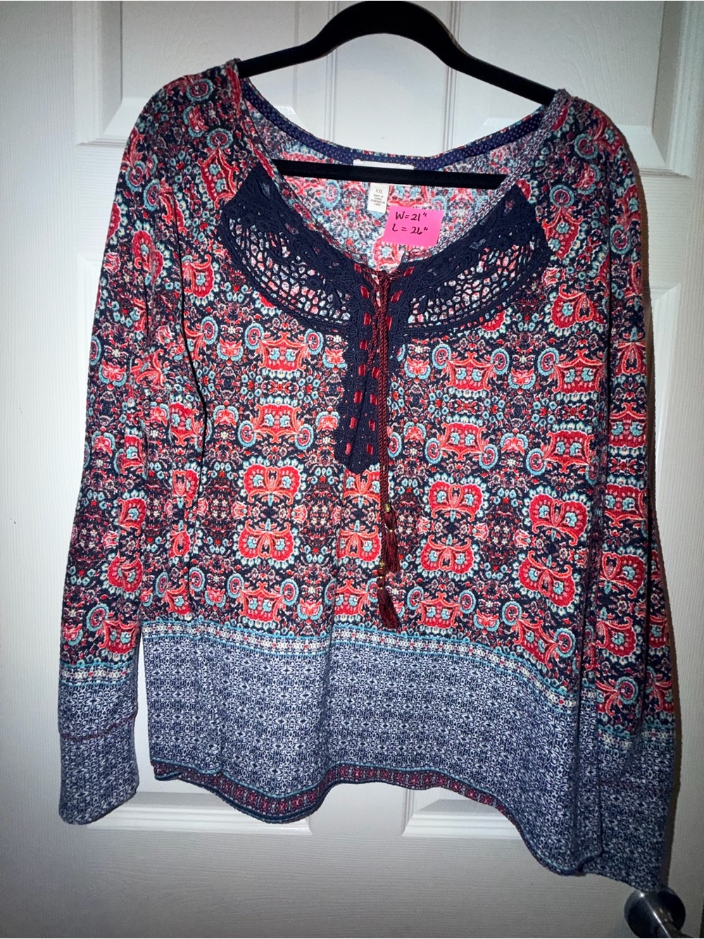 Vintage America Navy and Coral Crochet-Neck Printed Tunic